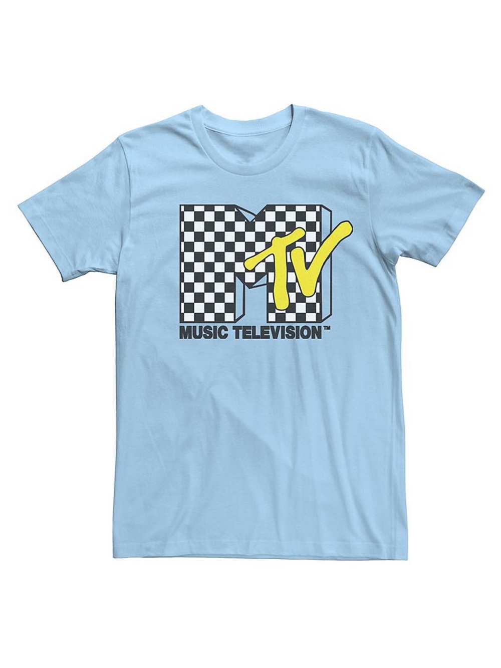MTV Checkerboard Logo Tee in Baby Blue with Yellow Accent